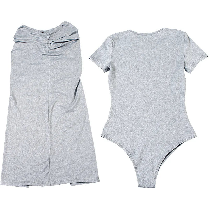 Two Piece Short Sleeve O-neck Bodysuits+pleated Maxi Split Skirts
