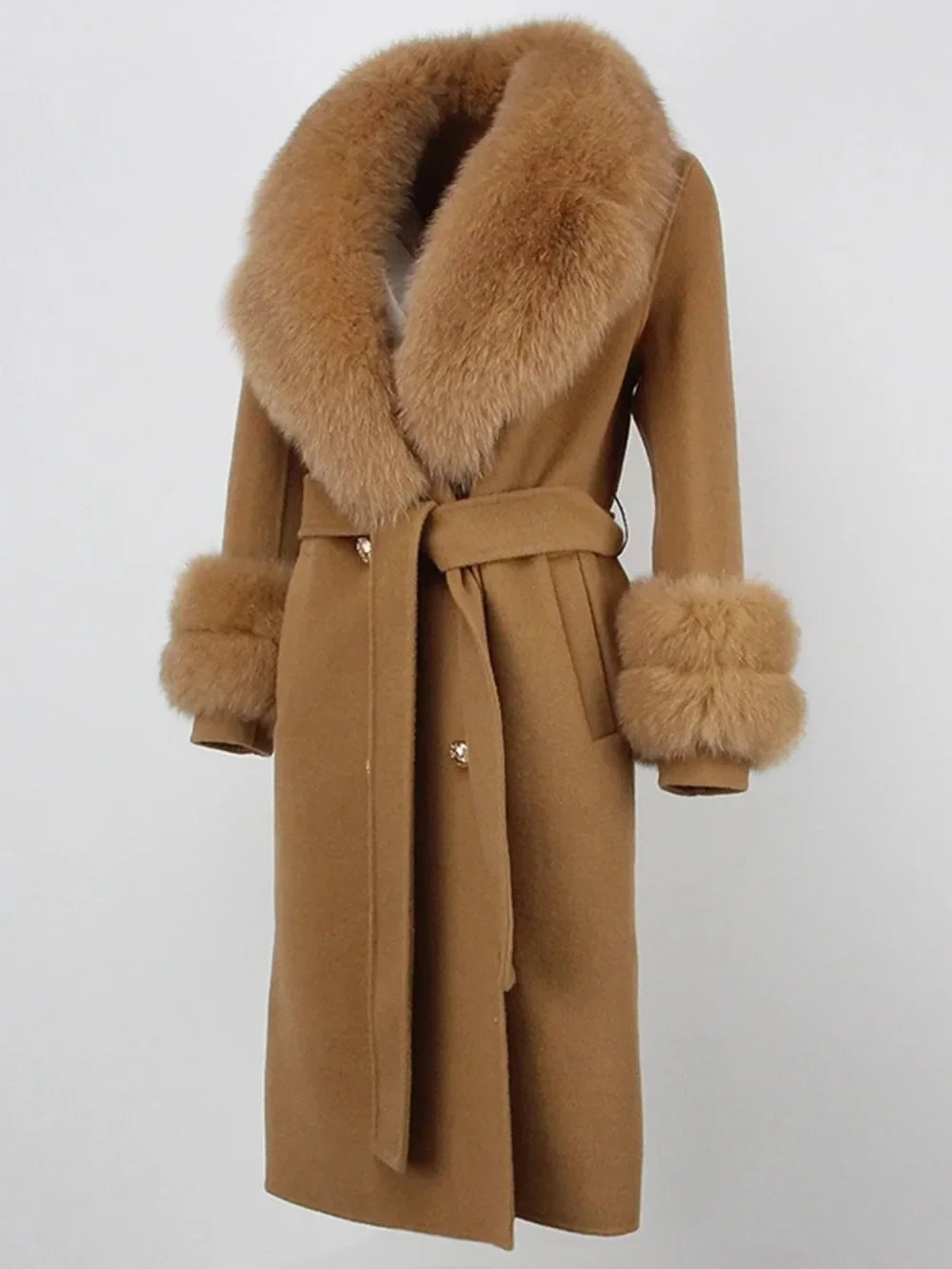 Real Fur Natural Wool Blends Cashmere Double Breasted Belt Warm Coat