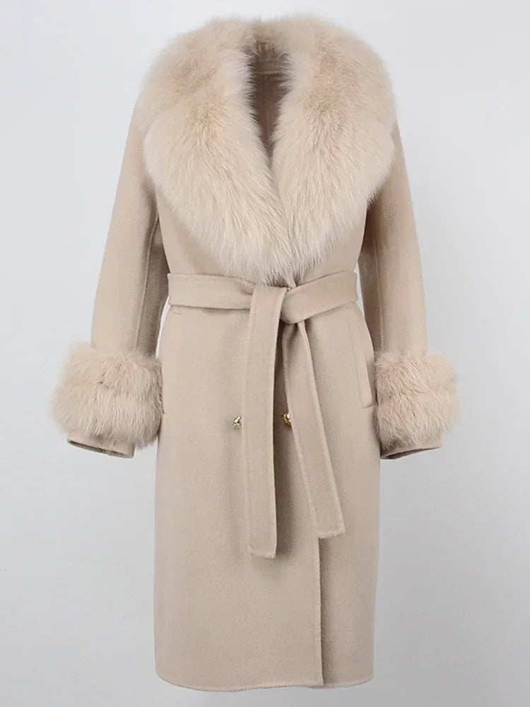 Real Fur Natural Wool Blends Cashmere Double Breasted Belt Warm Coat