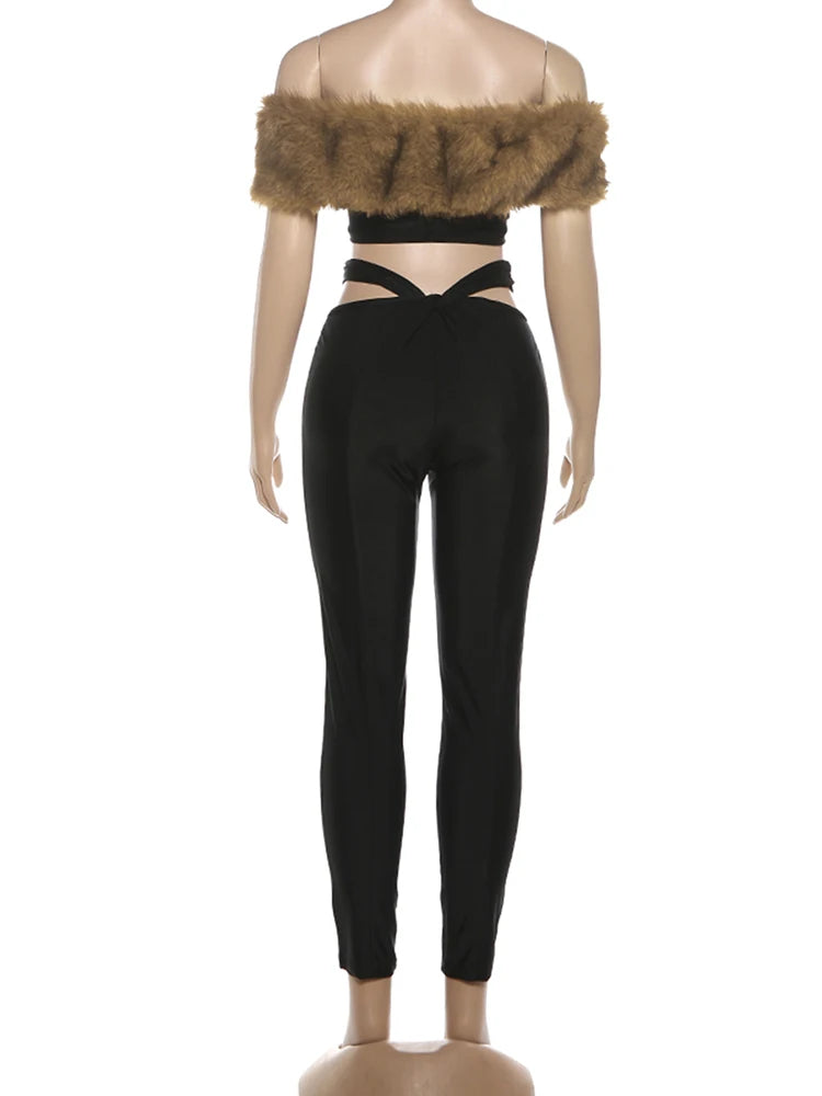 Cross Hollow  Fur Patchwork Tops+High Waist Leggings Matching  2 Piece Set Tracksuit