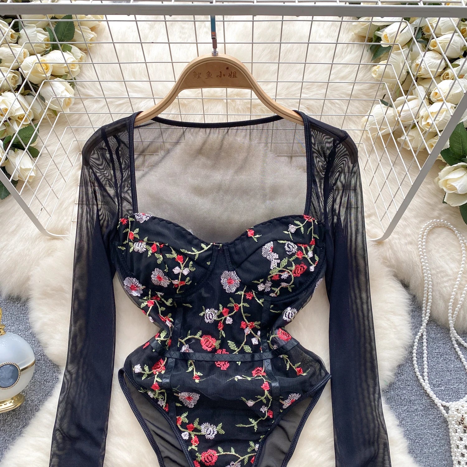Retro Embroidery Floral Mesh Bodysuits