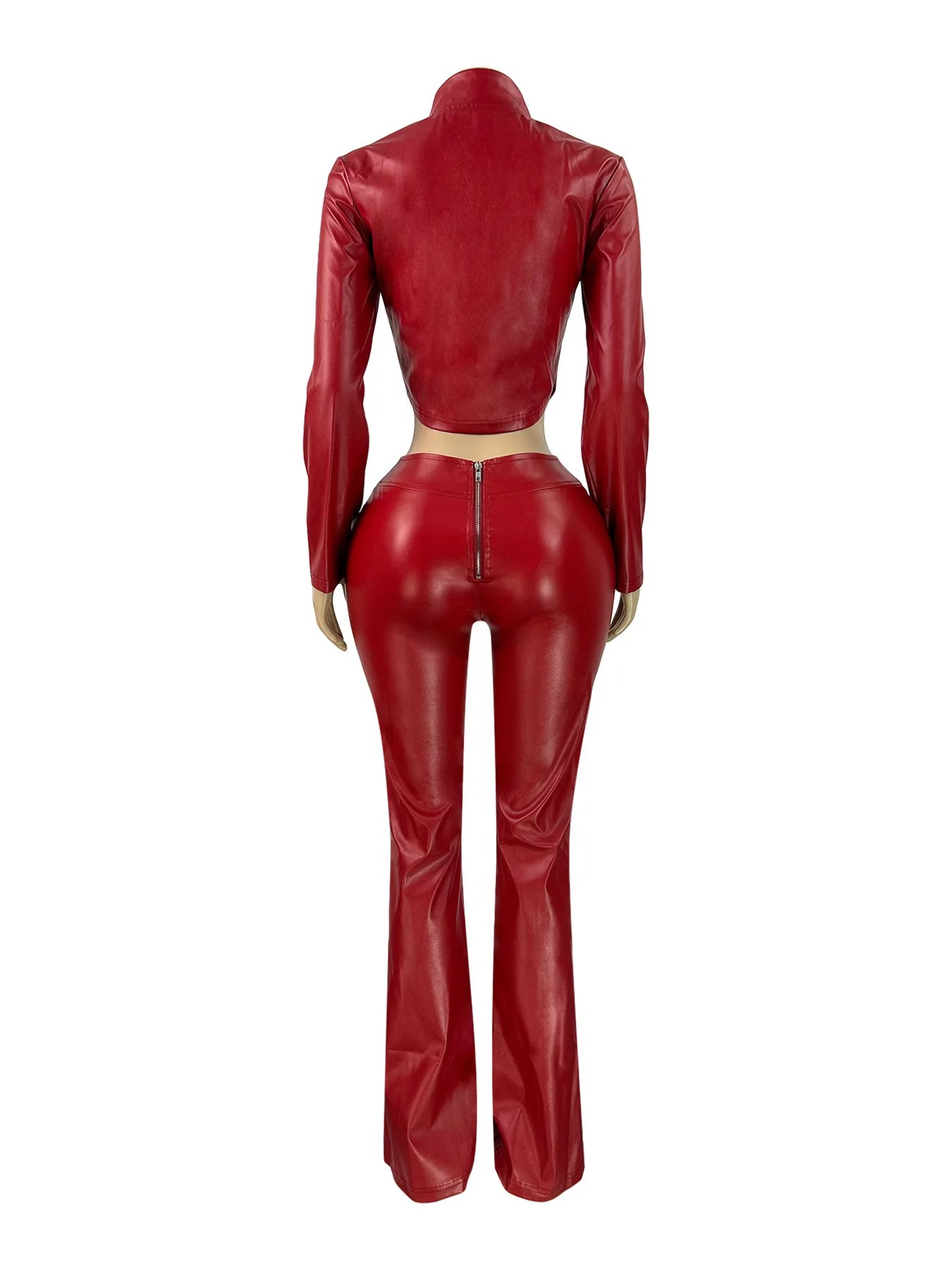 Luxury PU Two Piece Set Irregular  Jacket Top+Flared Trousers Set