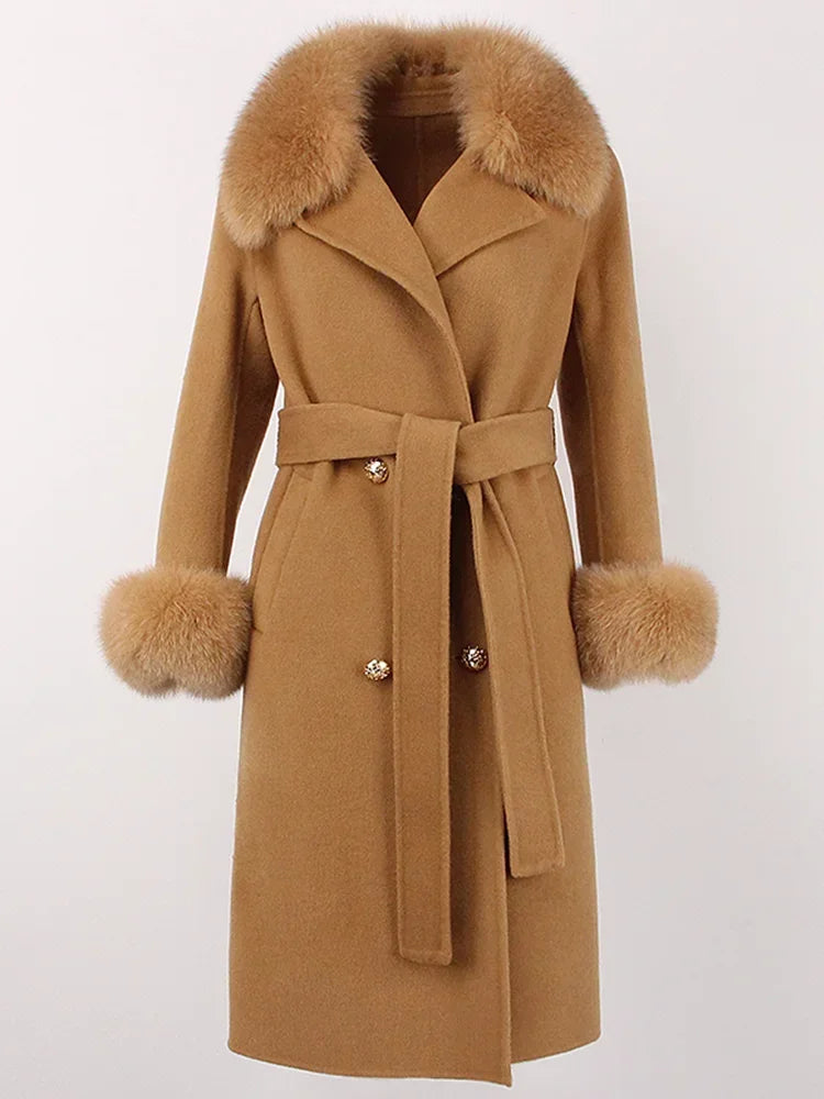 Real Fur Natural Wool Blends Cashmere Double Breasted Belt Warm Coat