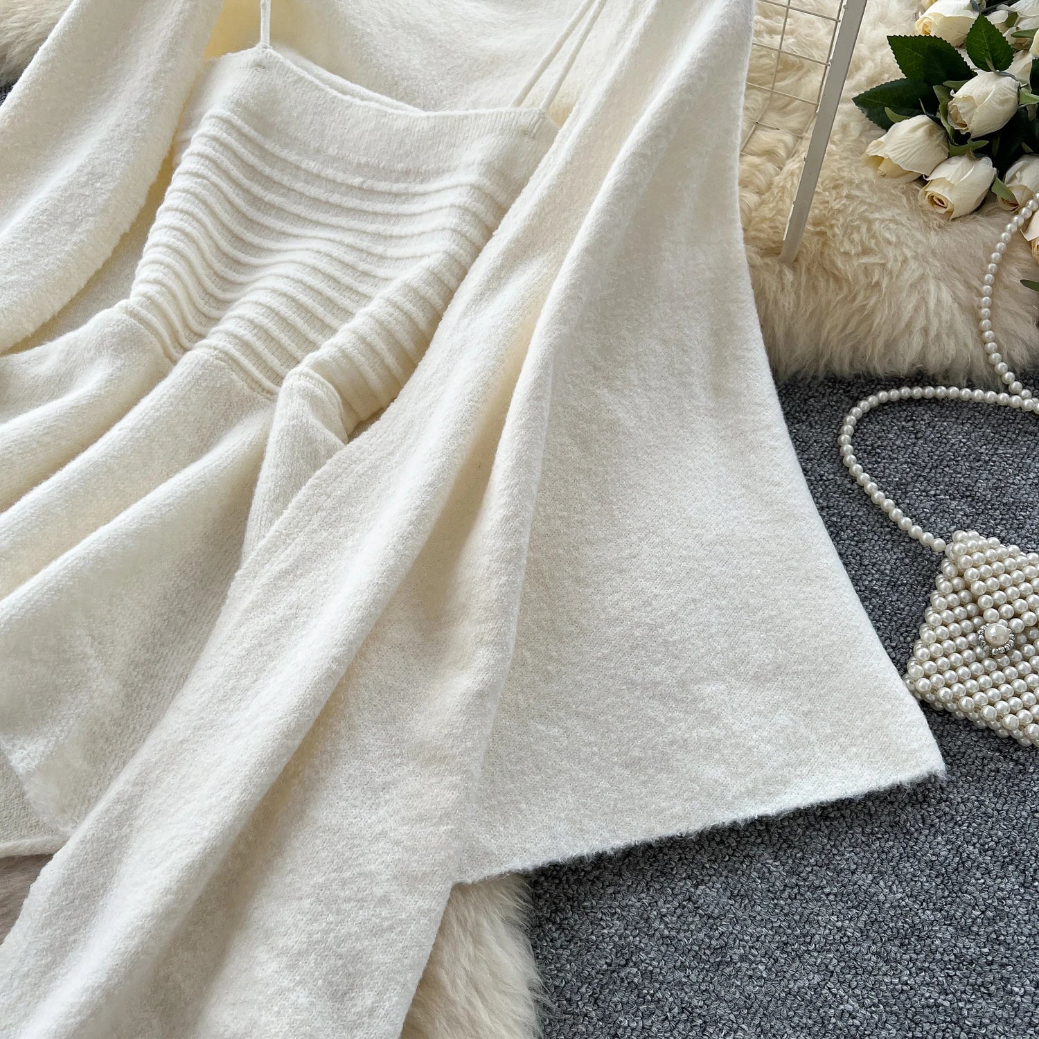 Autumn Warm Sweater Suits Mini Strap Vest+Outerwear Cardigans+Basic Long Pants Three Pieces Sets