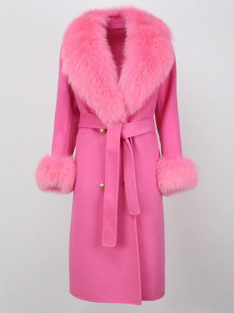 Real Fur Natural Wool Blends Cashmere Double Breasted Belt Warm Coat