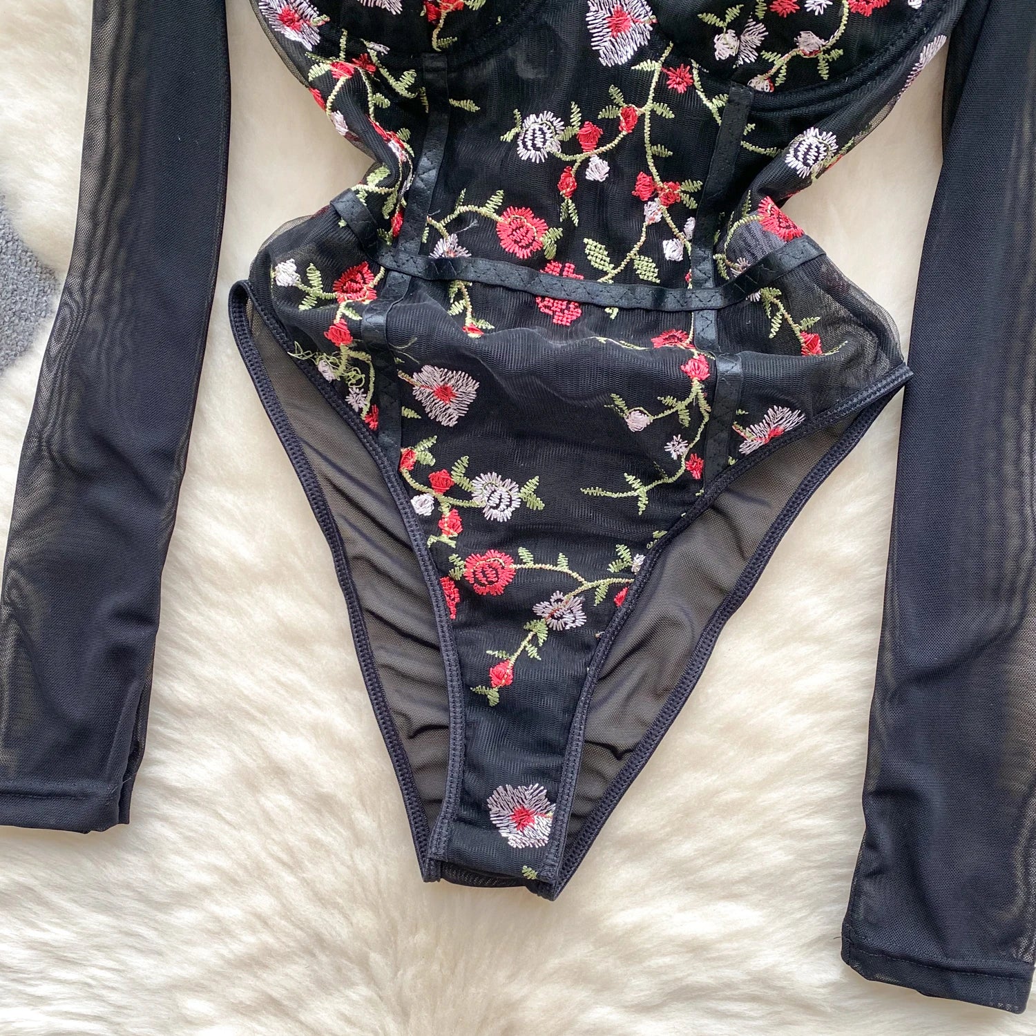 Retro Embroidery Floral Mesh Bodysuits