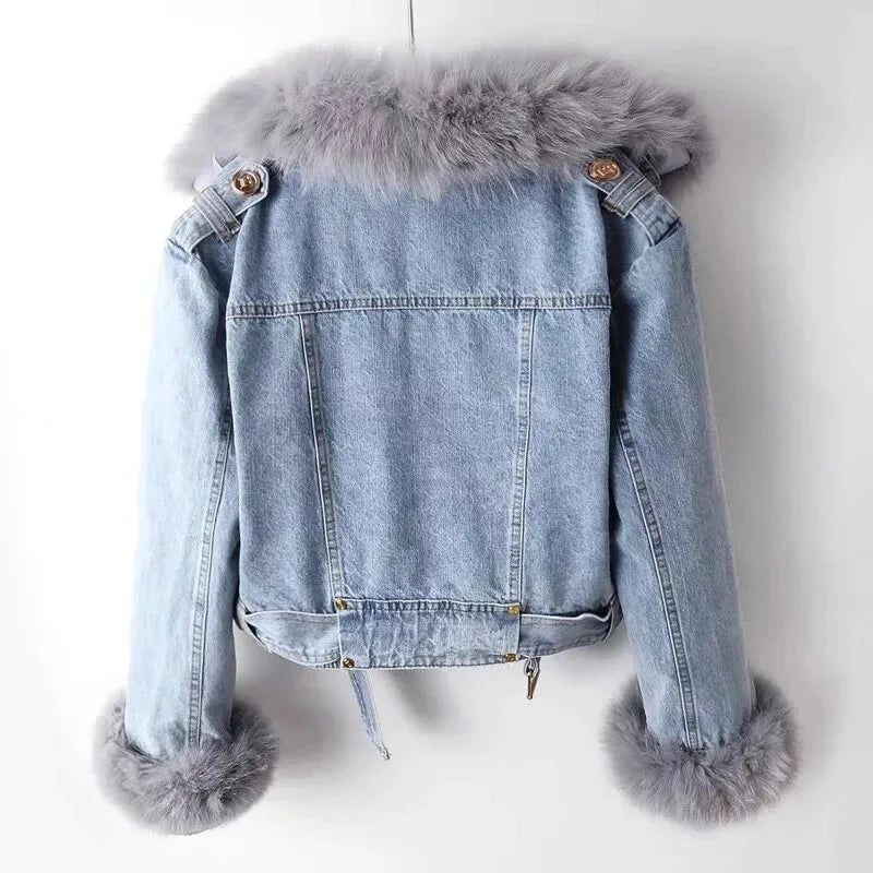 Faux Fox Fur Collar Jean Jacket
