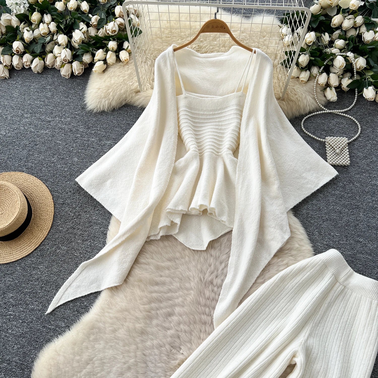 Autumn Warm Sweater Suits Mini Strap Vest+Outerwear Cardigans+Basic Long Pants Three Pieces Sets