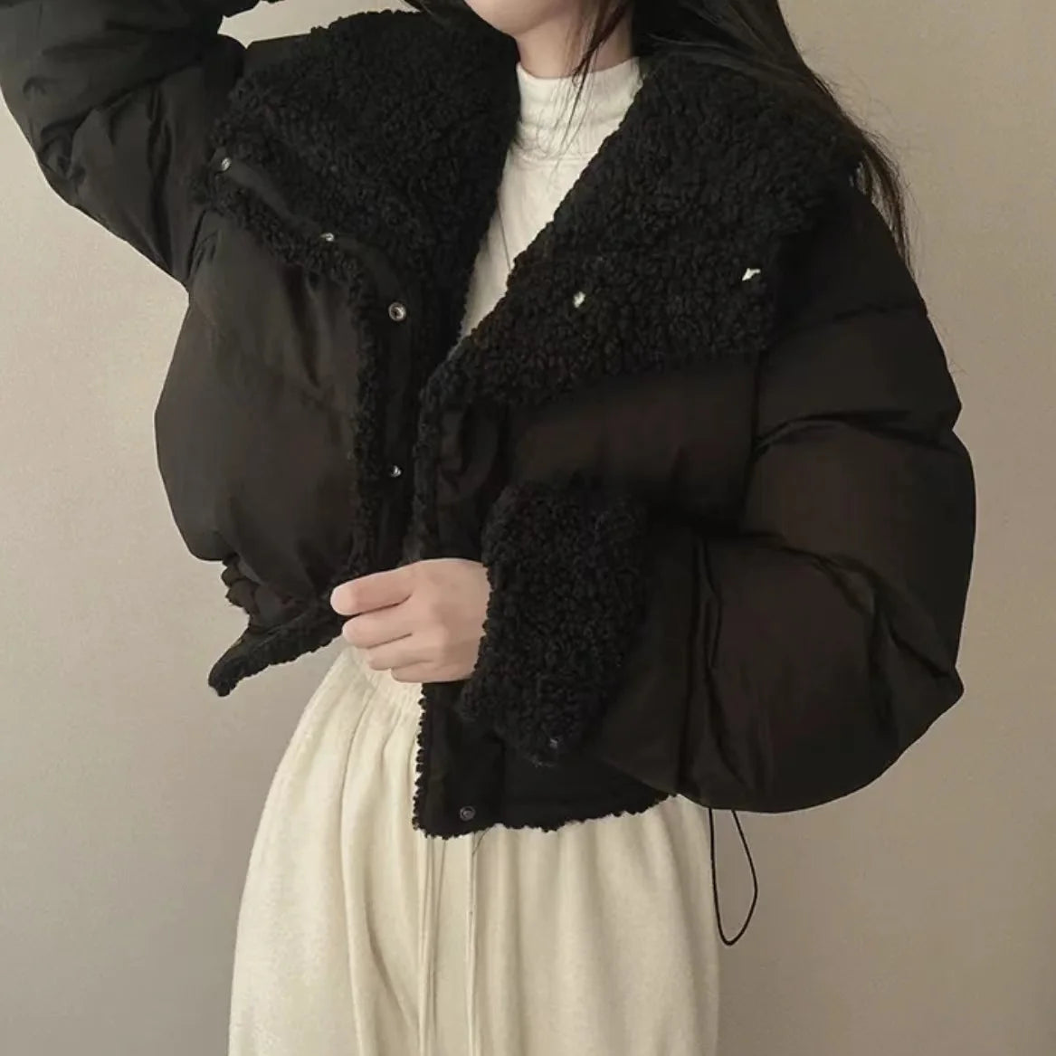 Lapel Bomber Lamb Fur Loose Cotton Coat