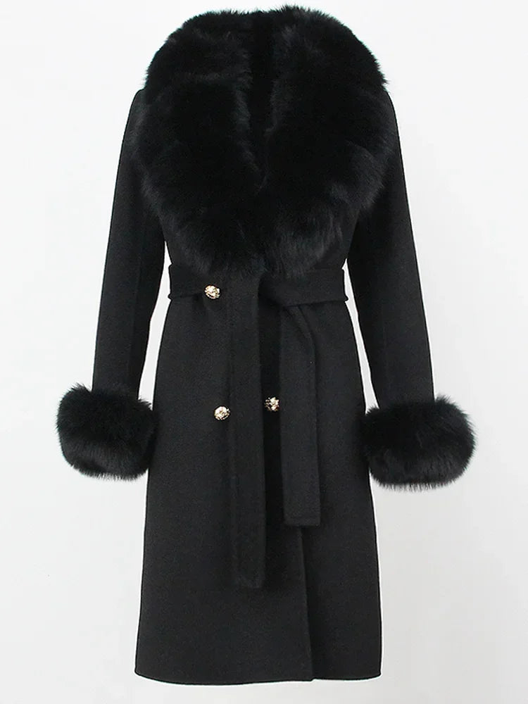 Real Fur Natural Wool Blends Cashmere Double Breasted Belt Warm Coat