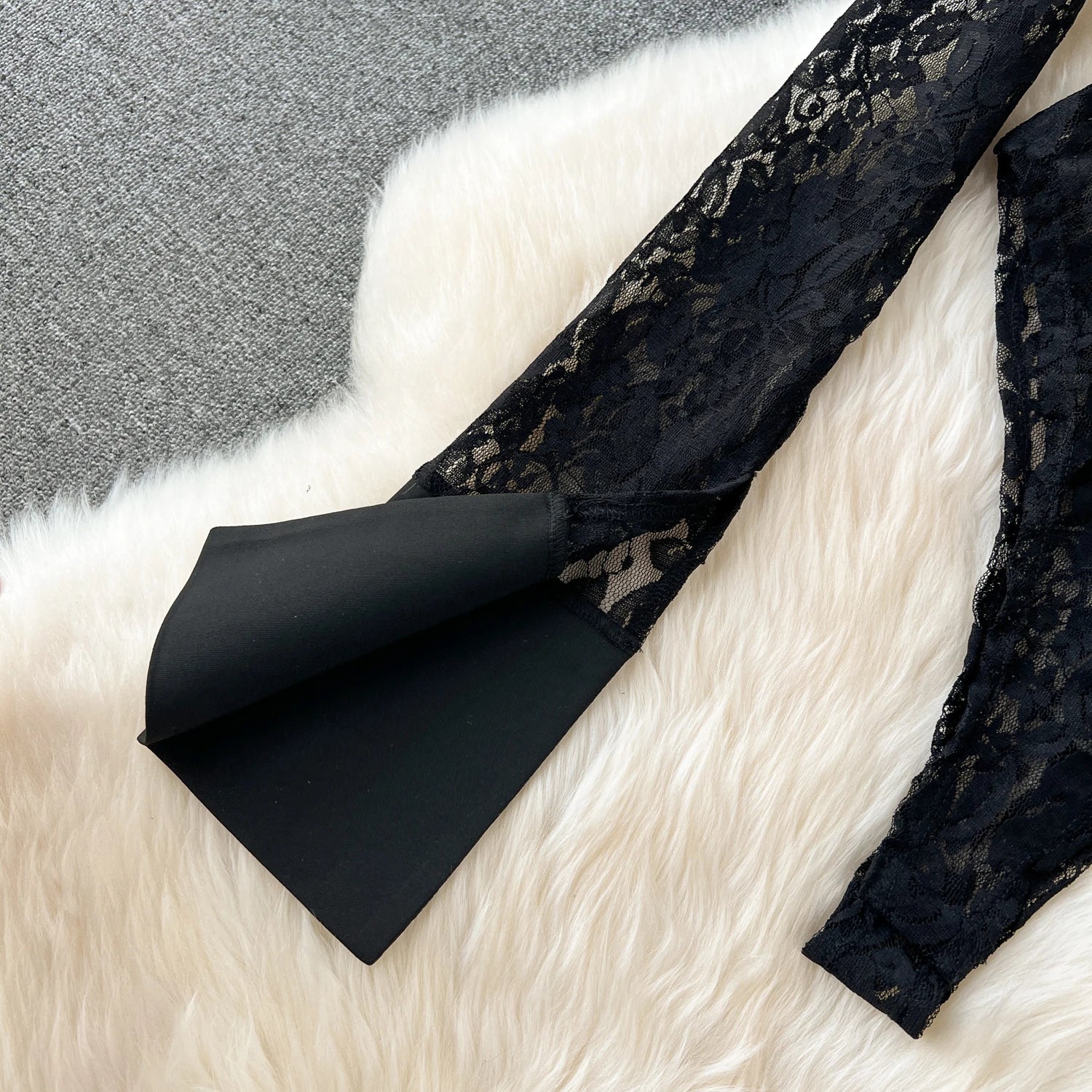 Lace Sheer Lapel Long Sleeves Slim Bodysuits+Elastic Long Pants Sets