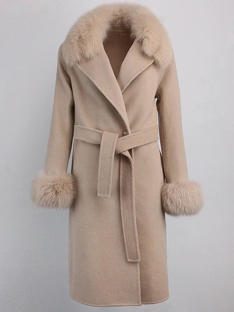 Real Fur Natural Wool Blends Cashmere Double Breasted Belt Warm Coat
