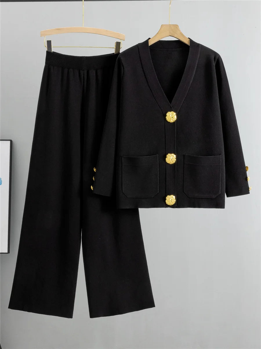 Elegant Knitted 2 Piece Sets Sweater Cardigan Tops And High Waist Wide Leg Pants Outfit
