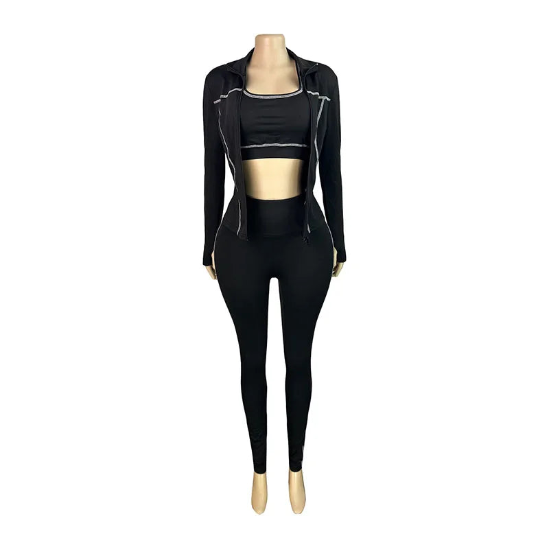 Casual 3 Piece Elastic Vest+Zip Jacket+Leggings Matching  Tracksuit