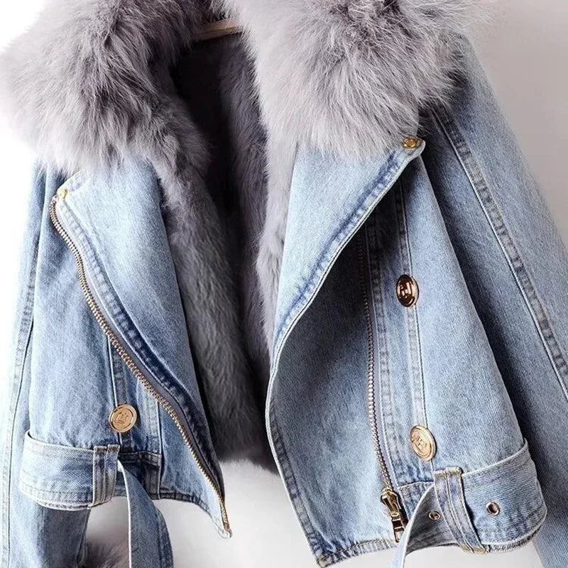 Faux Fox Fur Collar Jean Jacket