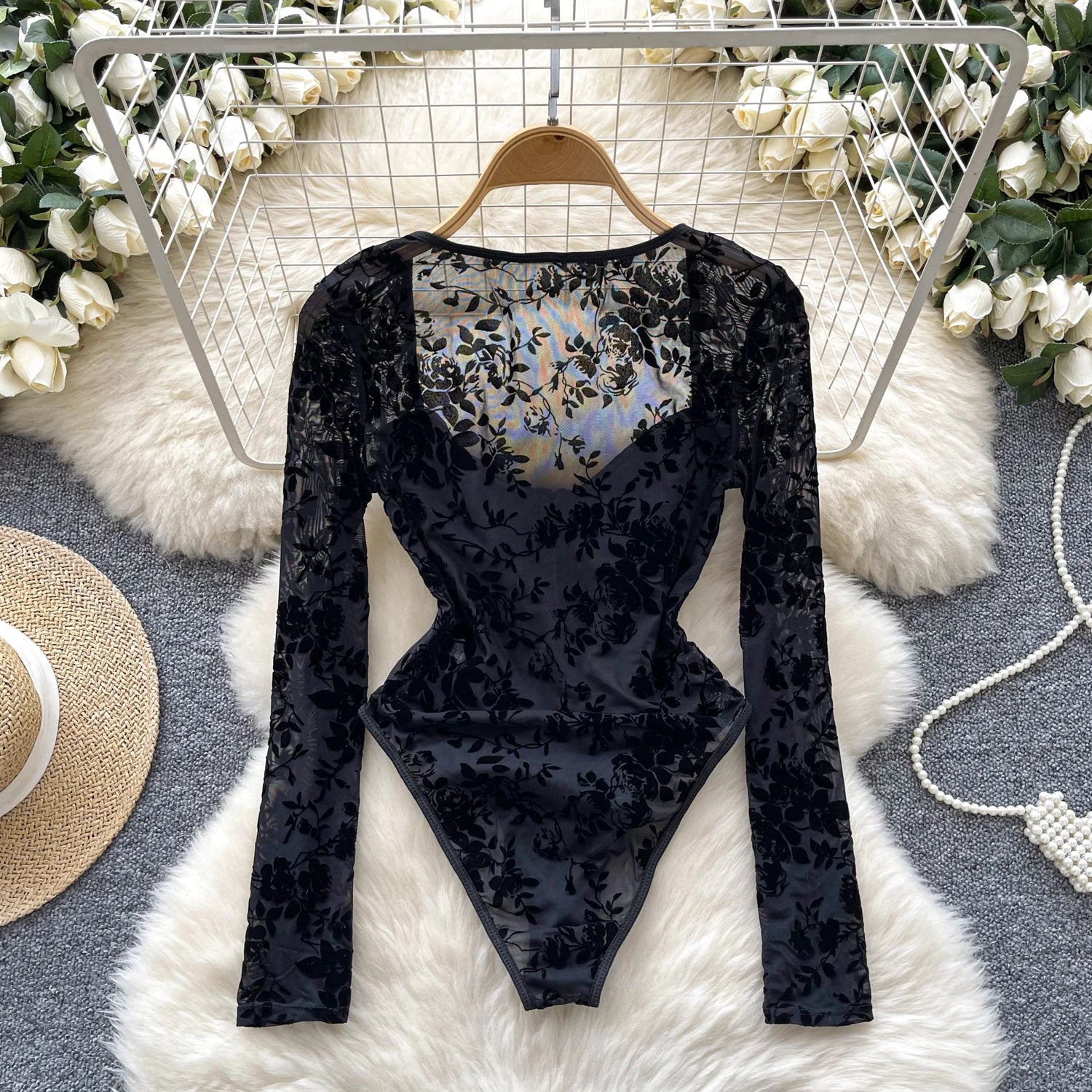 Floral Transparent Open Crotch Slim Corset Blouse Bodysuits