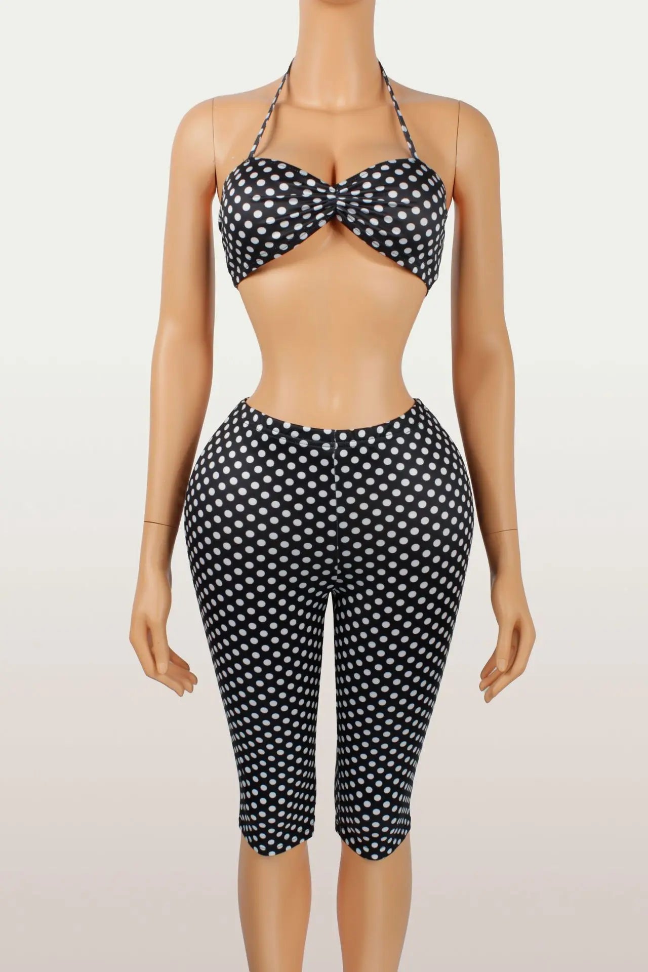 Polka Dot Print Two Piece Set Halter Tank Tops + Bike Shorts Matching Set