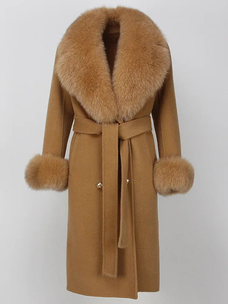 Real Fur Natural Wool Blends Cashmere Double Breasted Belt Warm Coat