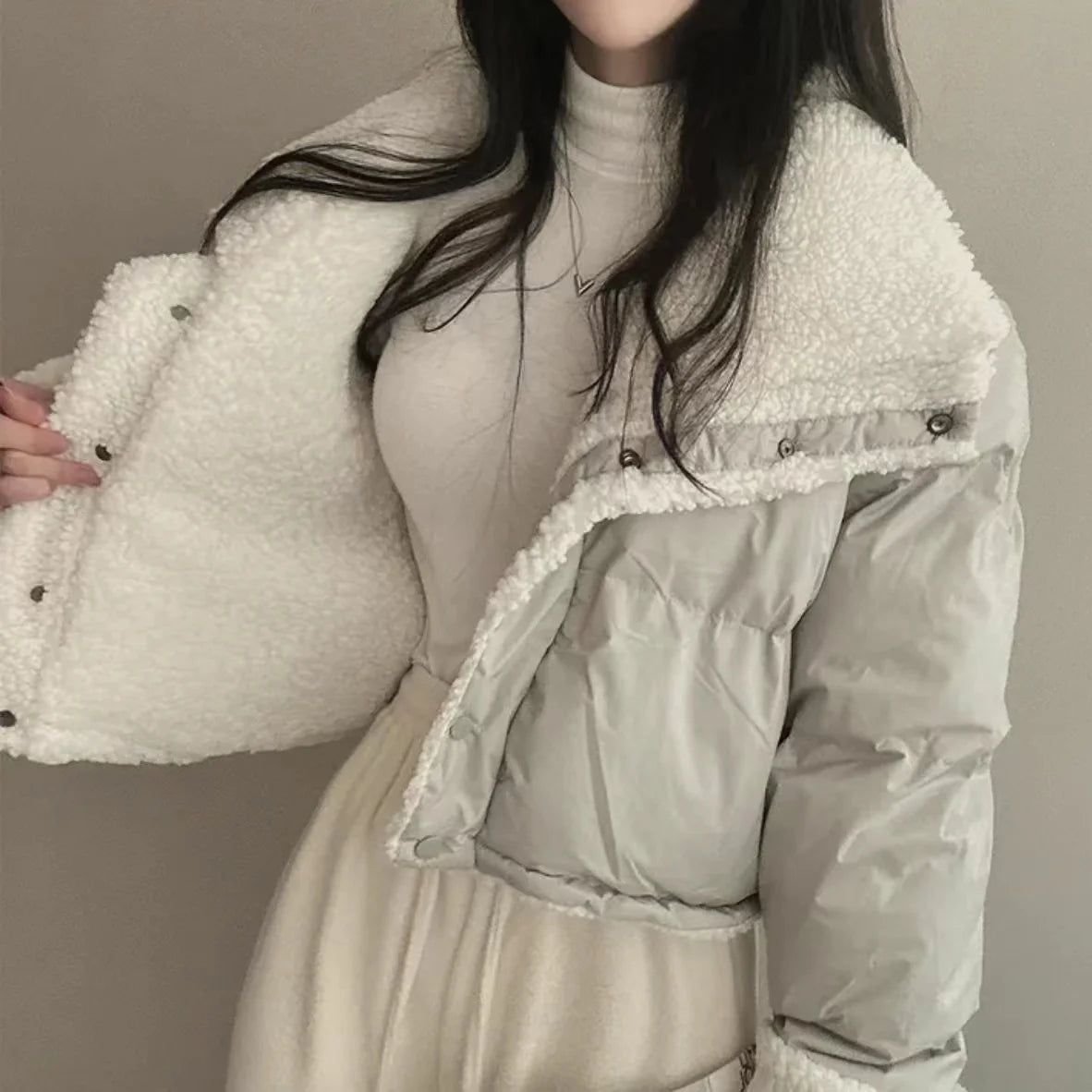 Lapel Bomber Lamb Fur Loose Cotton Coat