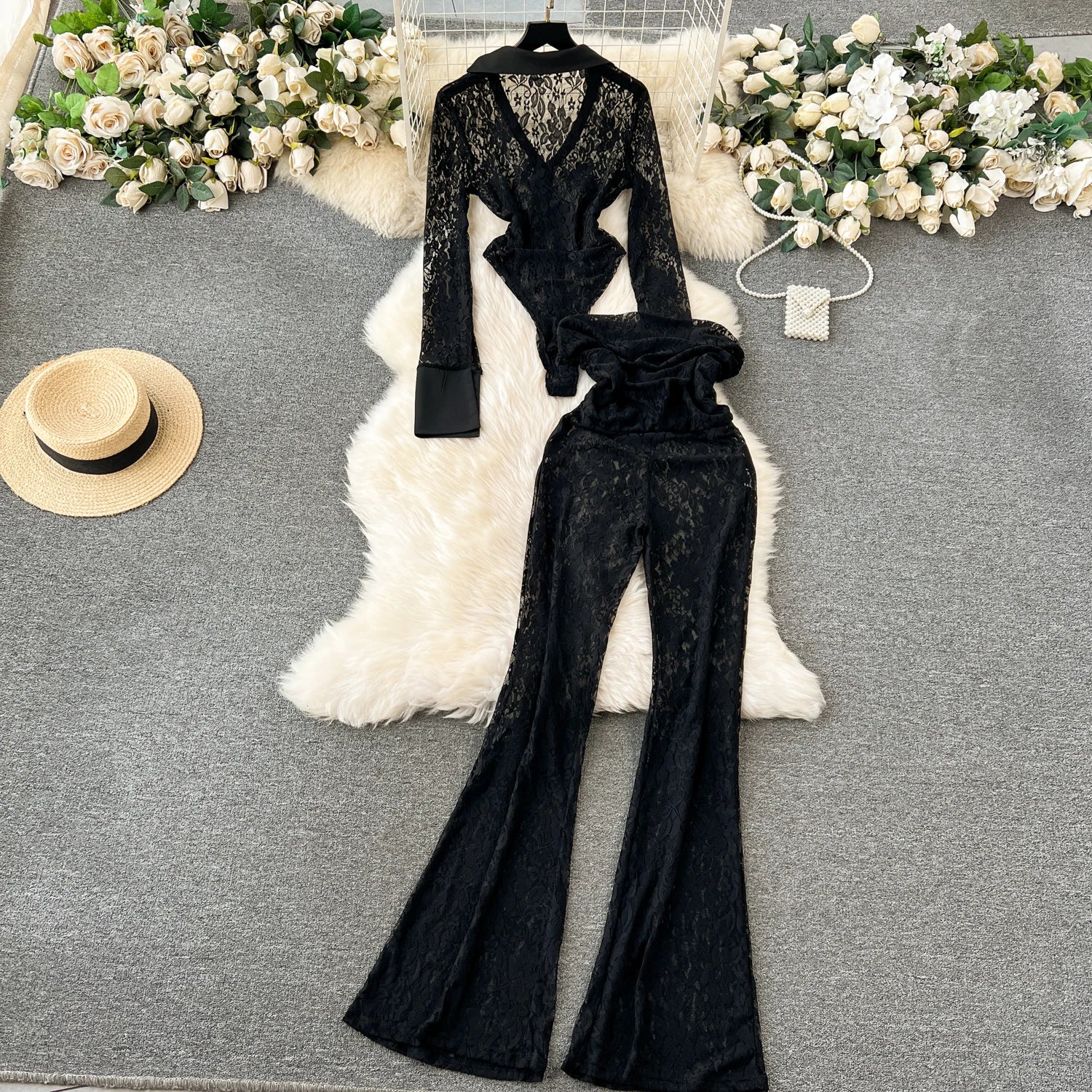 Lace Sheer Lapel Long Sleeves Slim Bodysuits+Elastic Long Pants Sets