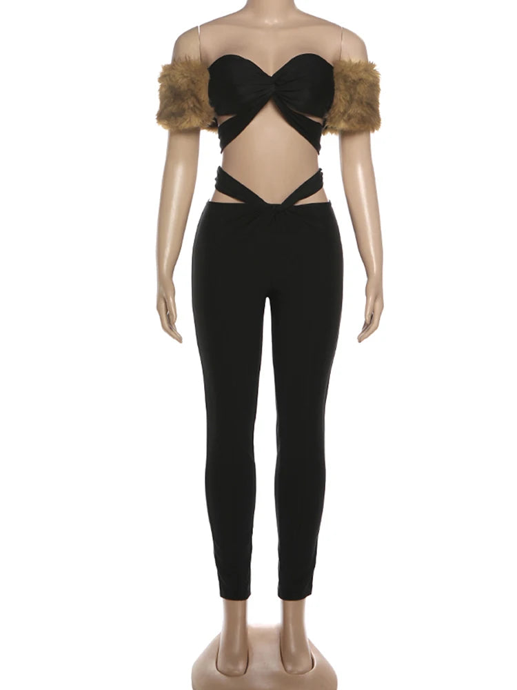 Cross Hollow  Fur Patchwork Tops+High Waist Leggings Matching  2 Piece Set Tracksuit