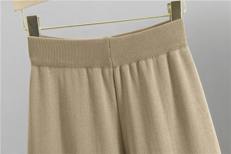 Elegant Knitted 2 Piece Sets Sweater Cardigan Tops And High Waist Wide Leg Pants Outfit