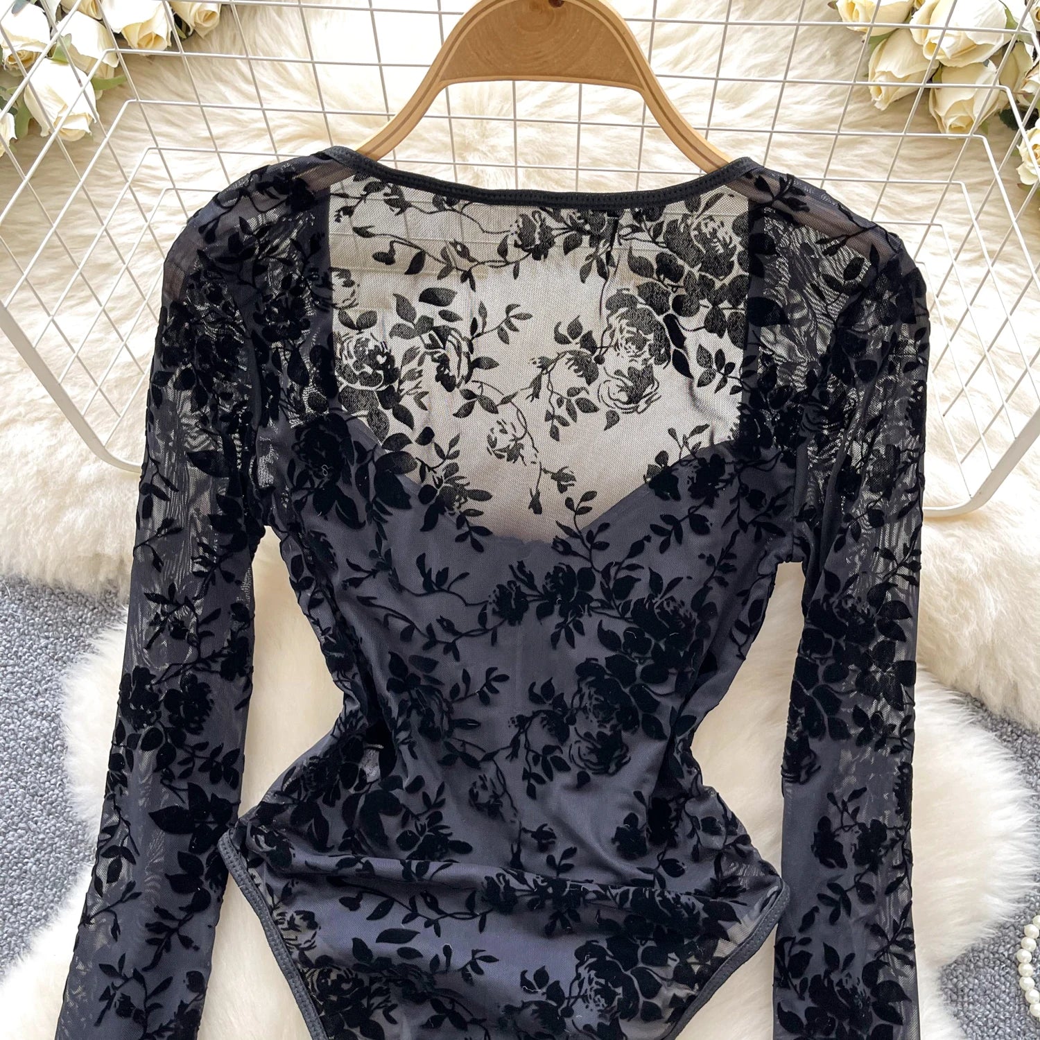 Floral Transparent Open Crotch Slim Corset Blouse Bodysuits