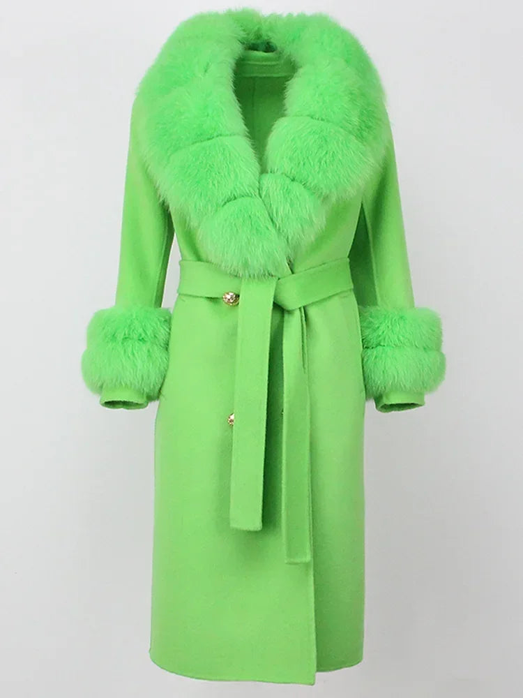 Real Fur Natural Wool Blends Cashmere Double Breasted Belt Warm Coat