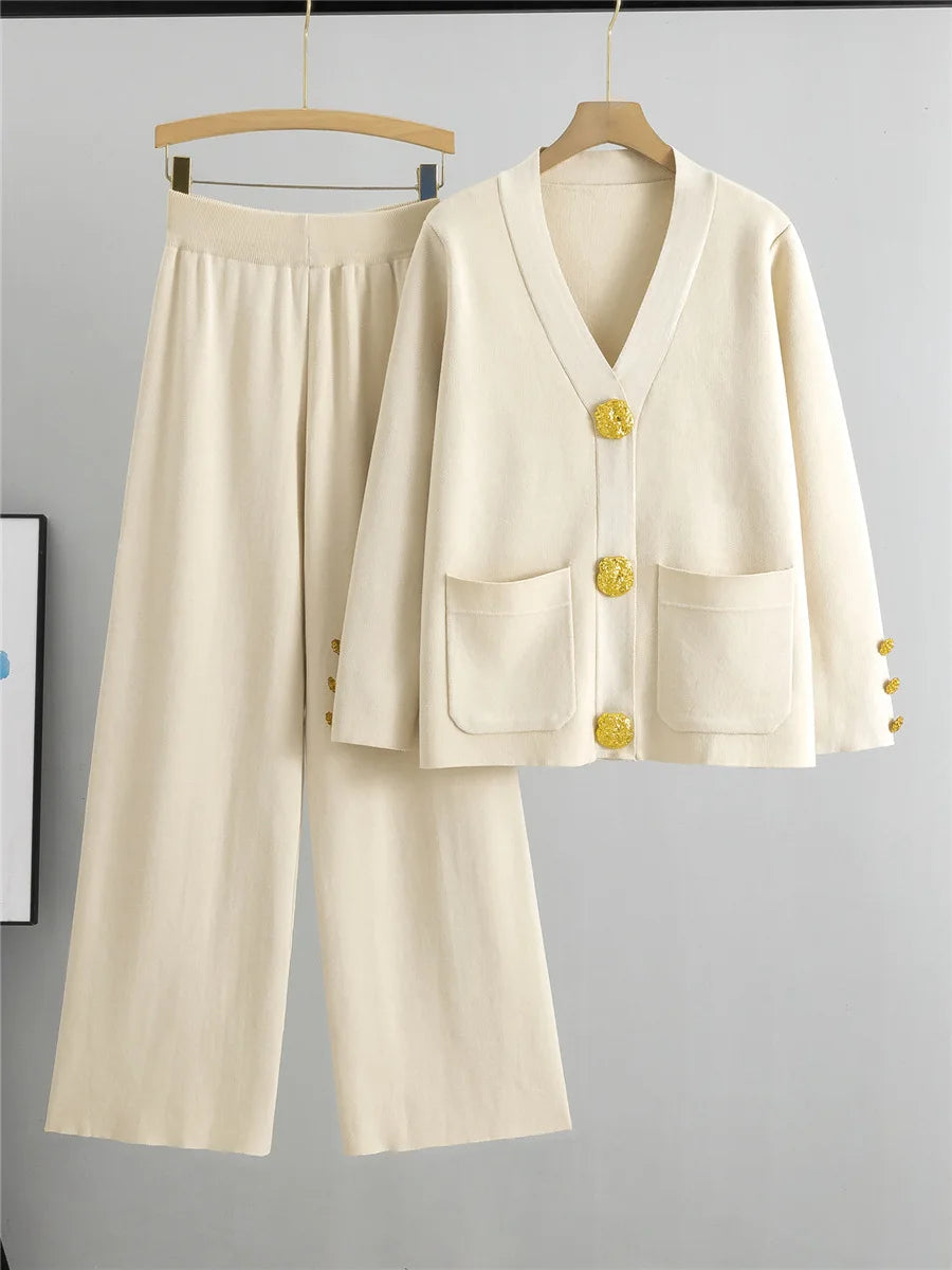 Elegant Knitted 2 Piece Sets Sweater Cardigan Tops And High Waist Wide Leg Pants Outfit