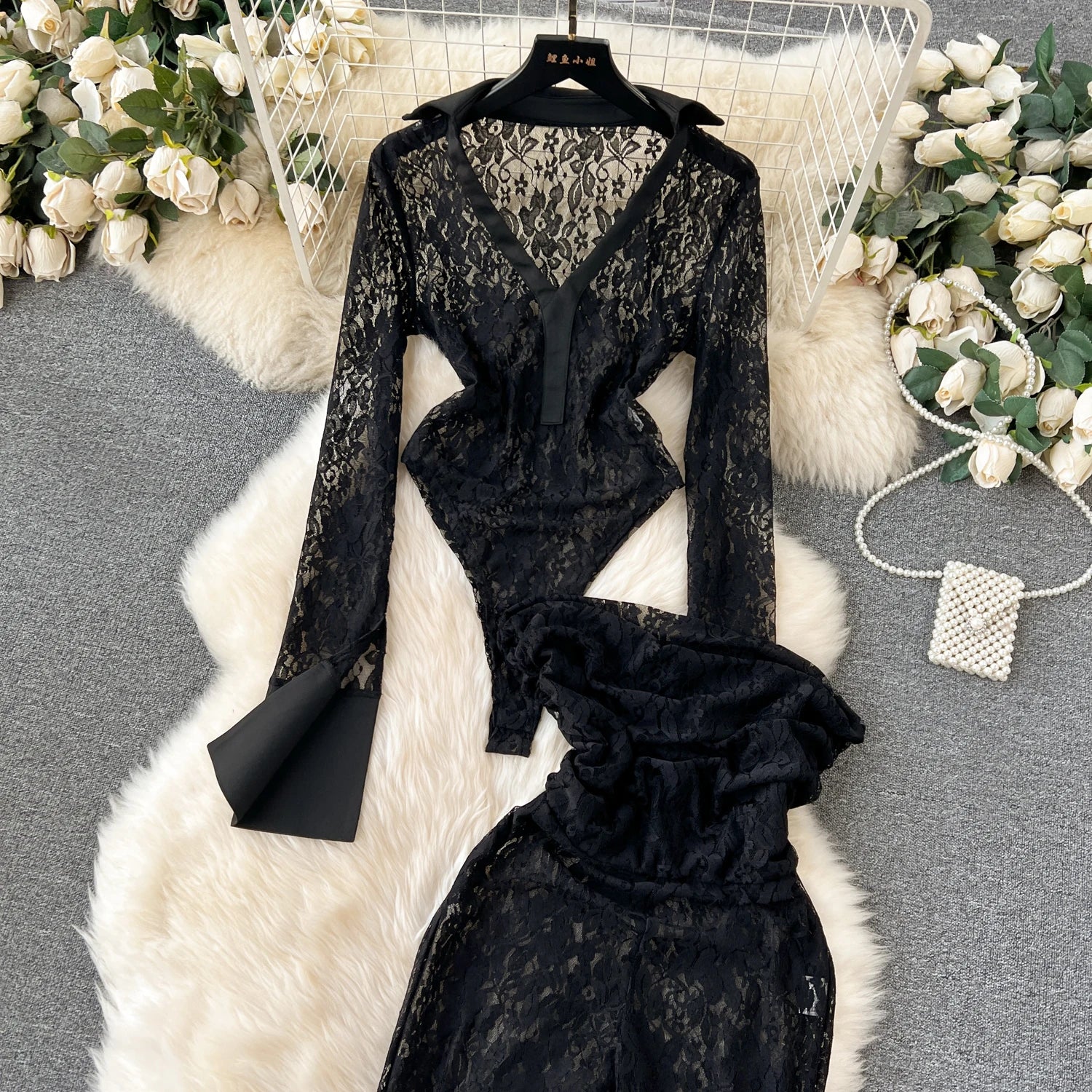 Lace Sheer Lapel Long Sleeves Slim Bodysuits+Elastic Long Pants Sets