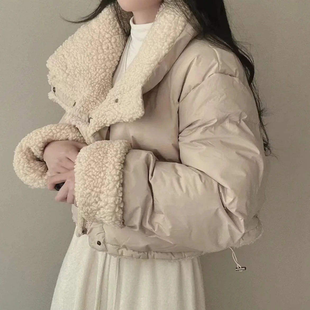 Lapel Bomber Lamb Fur Loose Cotton Coat
