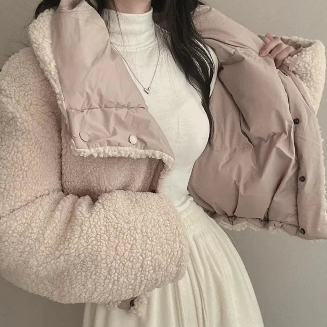 Lapel Bomber Lamb Fur Loose Cotton Coat