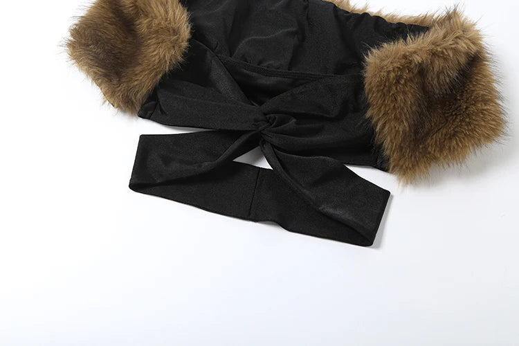 Cross Hollow  Fur Patchwork Tops+High Waist Leggings Matching  2 Piece Set Tracksuit