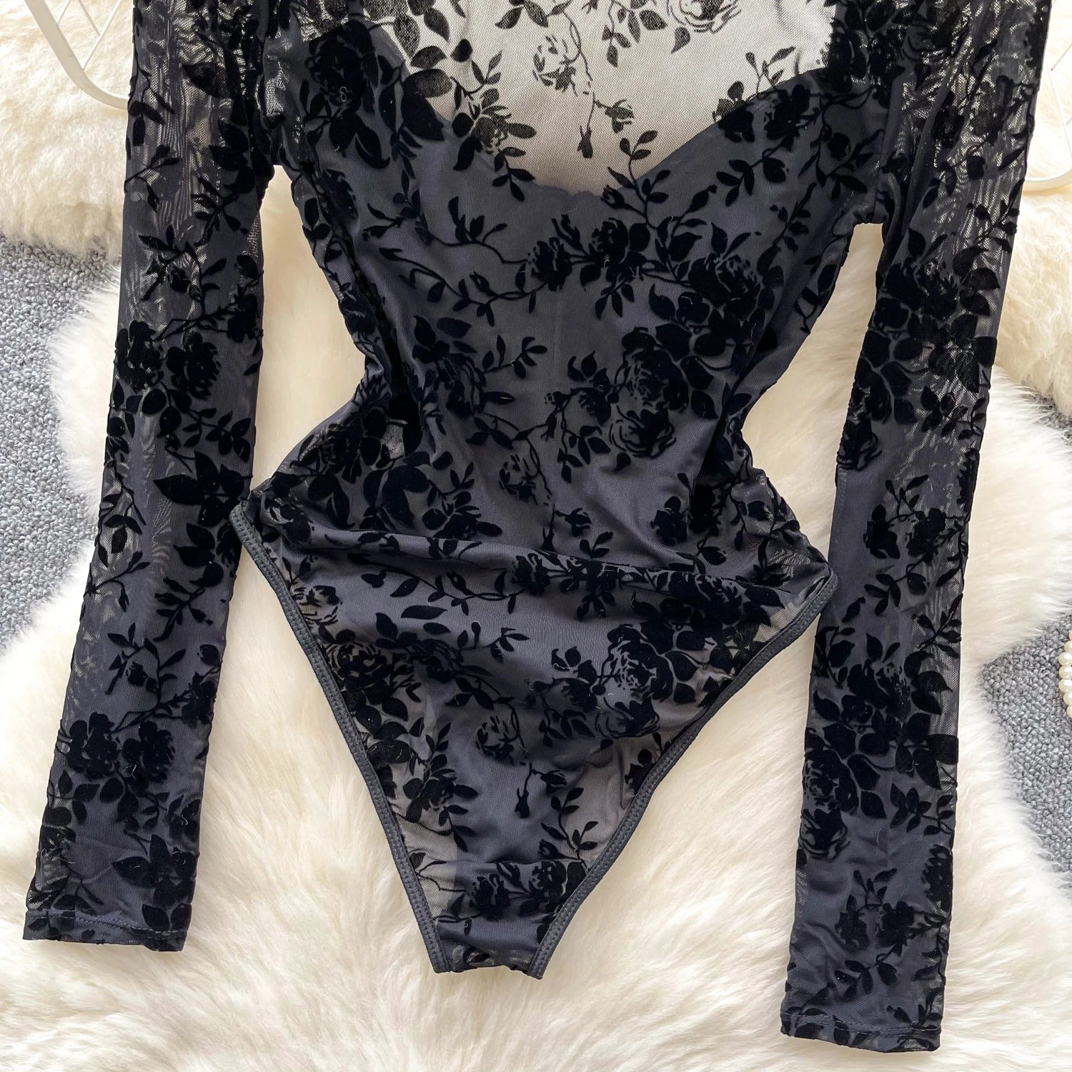Floral Transparent Open Crotch Slim Corset Blouse Bodysuits