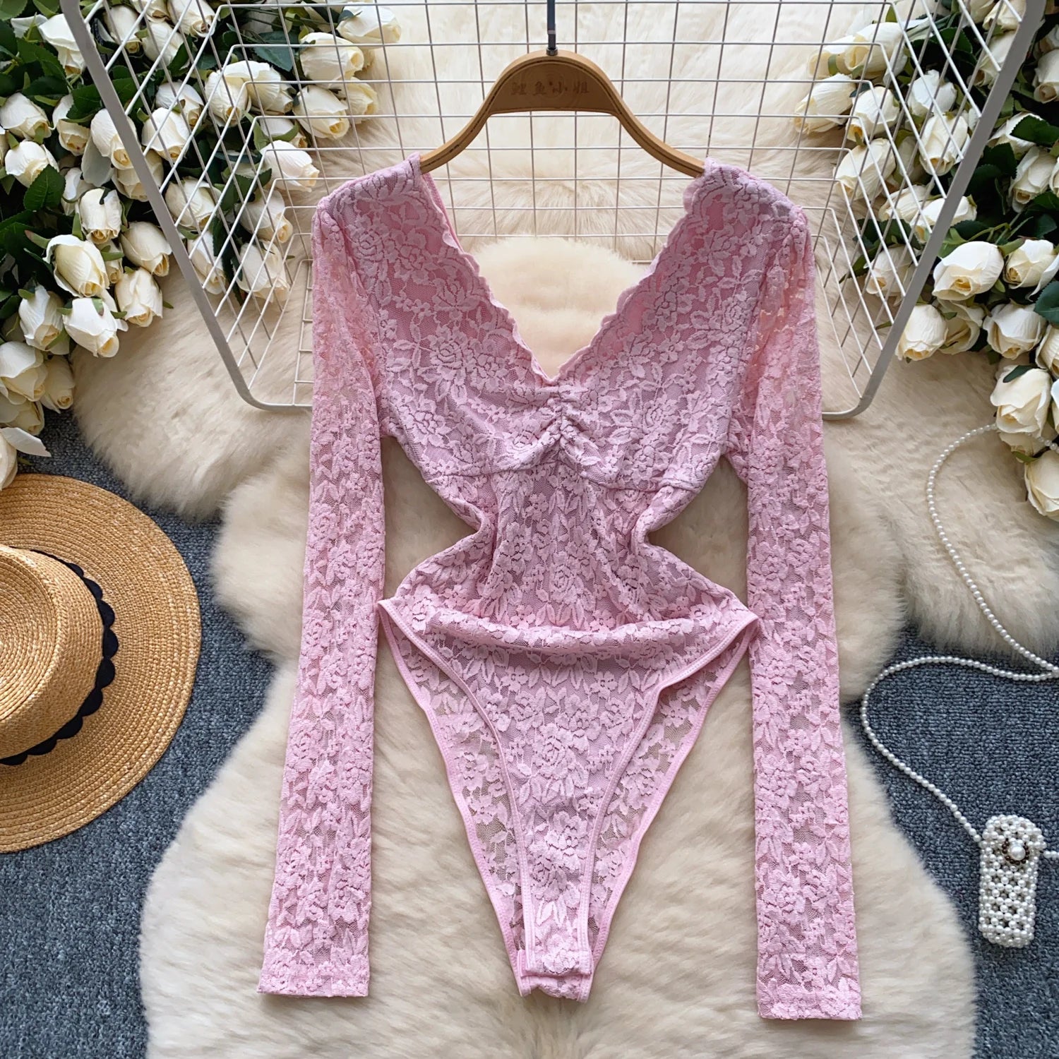 Lace Splice Mesh V Neck Long Sleeves Bodysuits