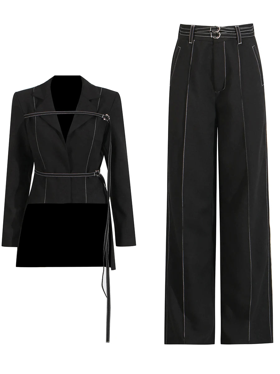 Two Piece Set Notched Collar Long Sleeve Top High Waist Straight Pant Temperament Sets