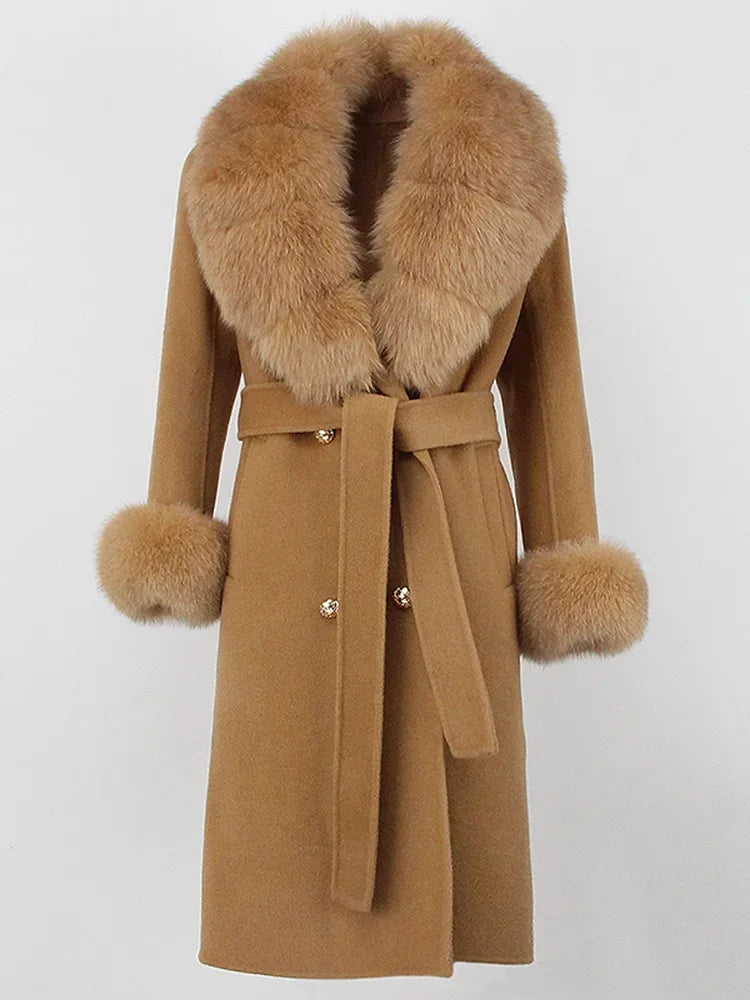 Real Fur Natural Wool Blends Cashmere Double Breasted Belt Warm Coat