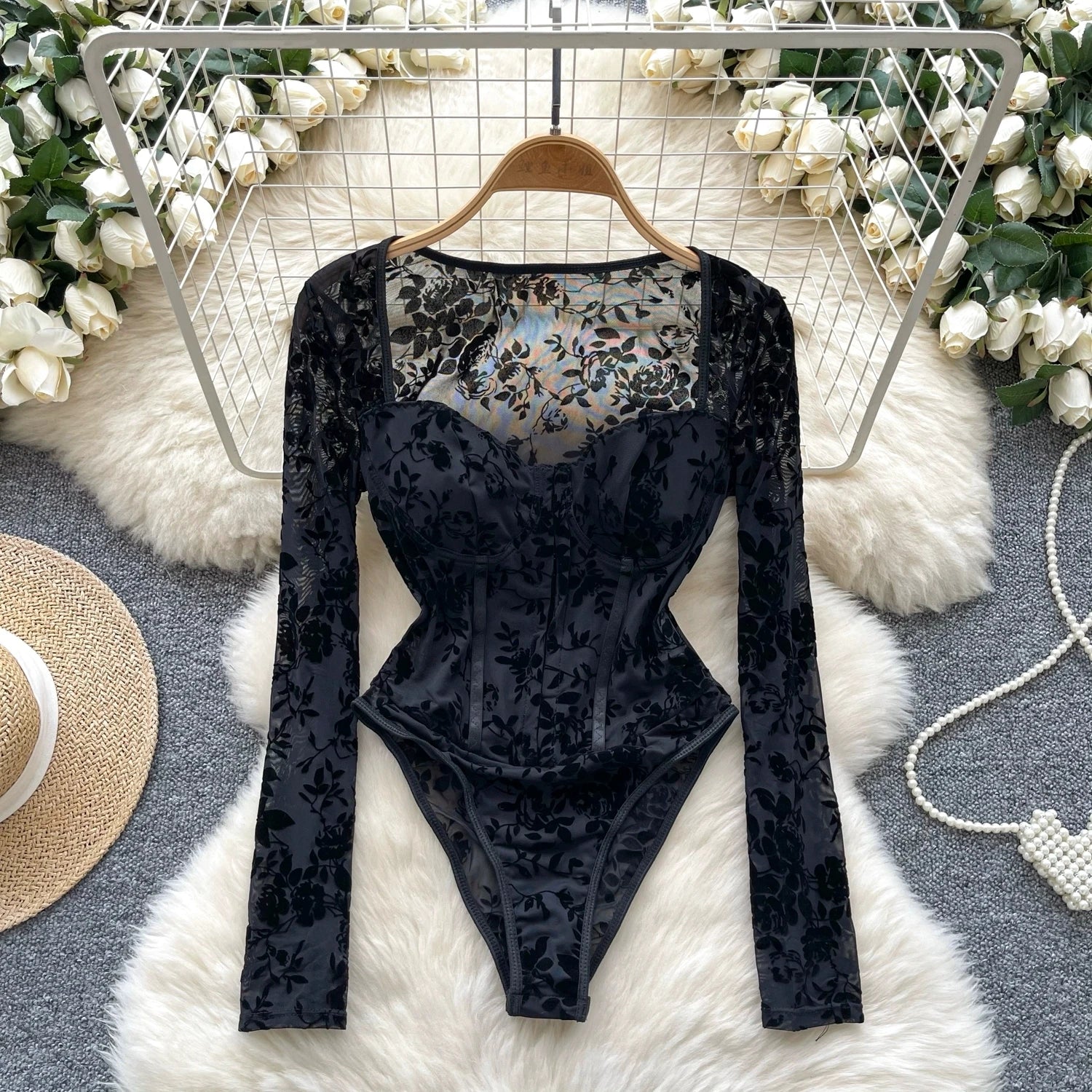 Floral Transparent Open Crotch Slim Corset Blouse Bodysuits