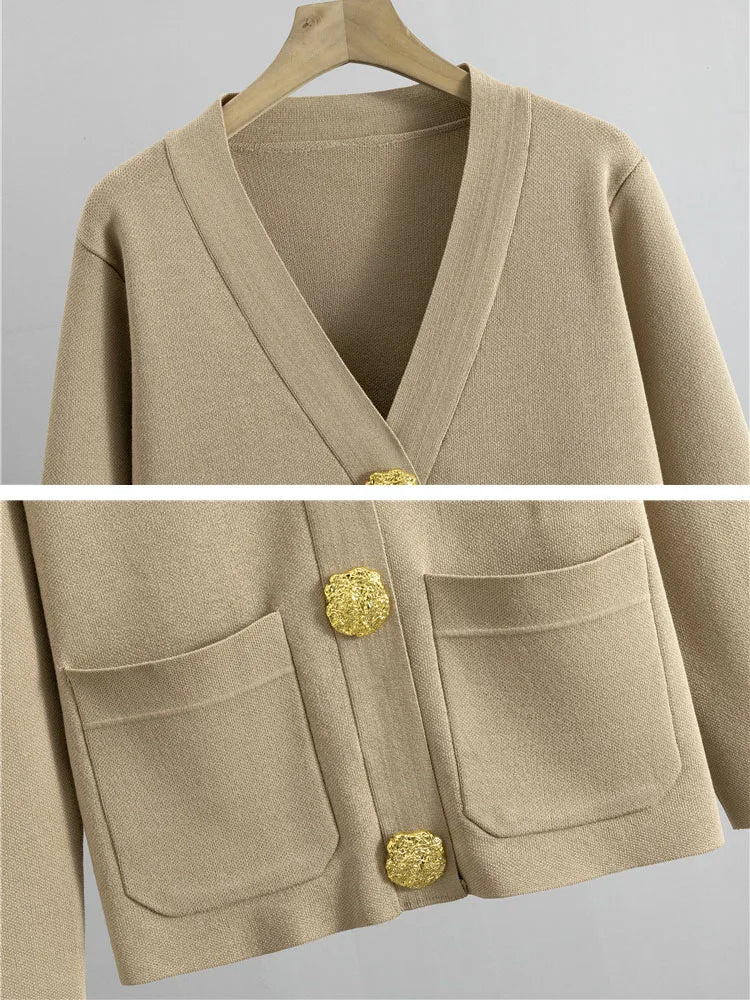 Elegant Knitted 2 Piece Sets Sweater Cardigan Tops And High Waist Wide Leg Pants Outfit