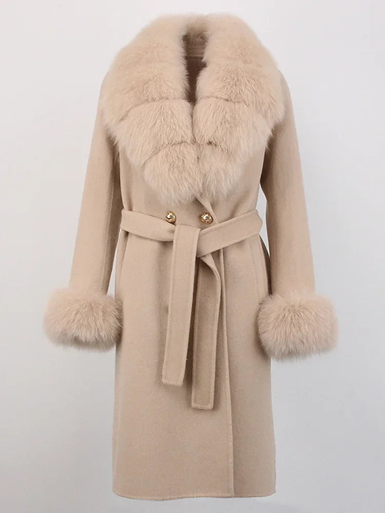 Real Fur Natural Wool Blends Cashmere Double Breasted Belt Warm Coat