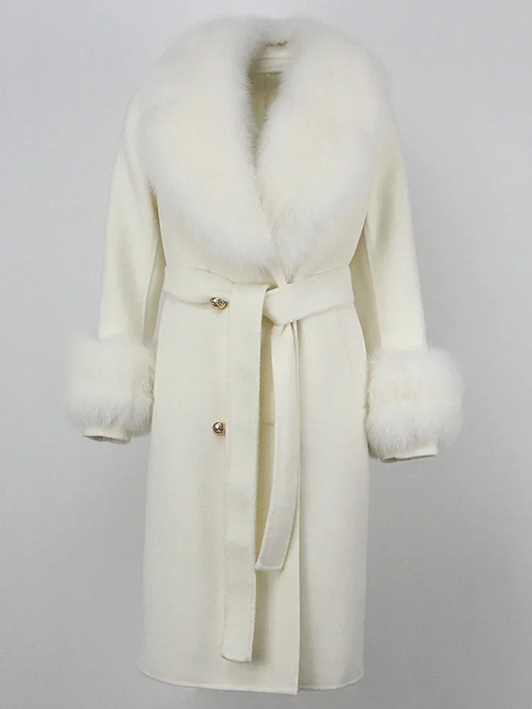 Real Fur Natural Wool Blends Cashmere Double Breasted Belt Warm Coat