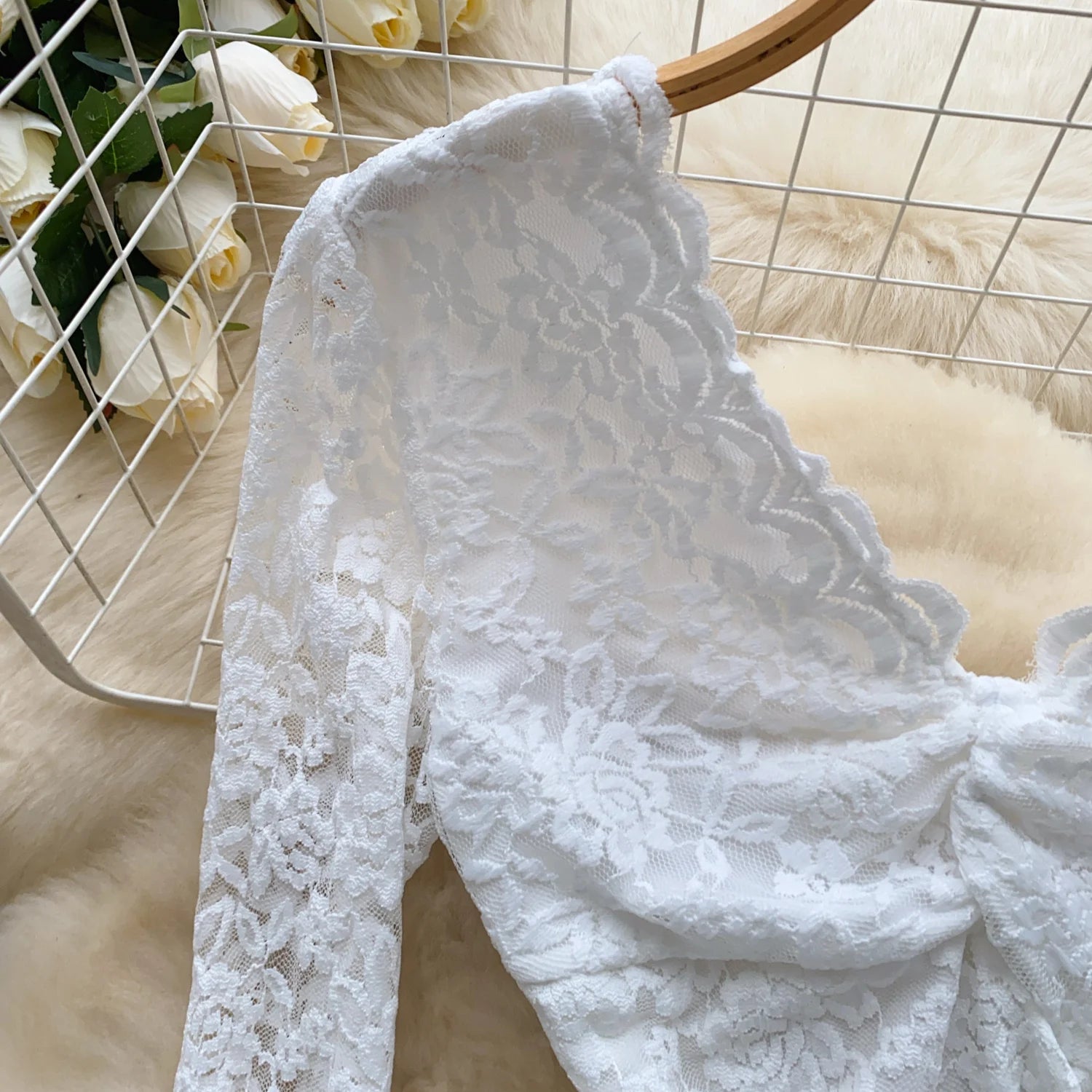 Lace Splice Mesh V Neck Long Sleeves Bodysuits