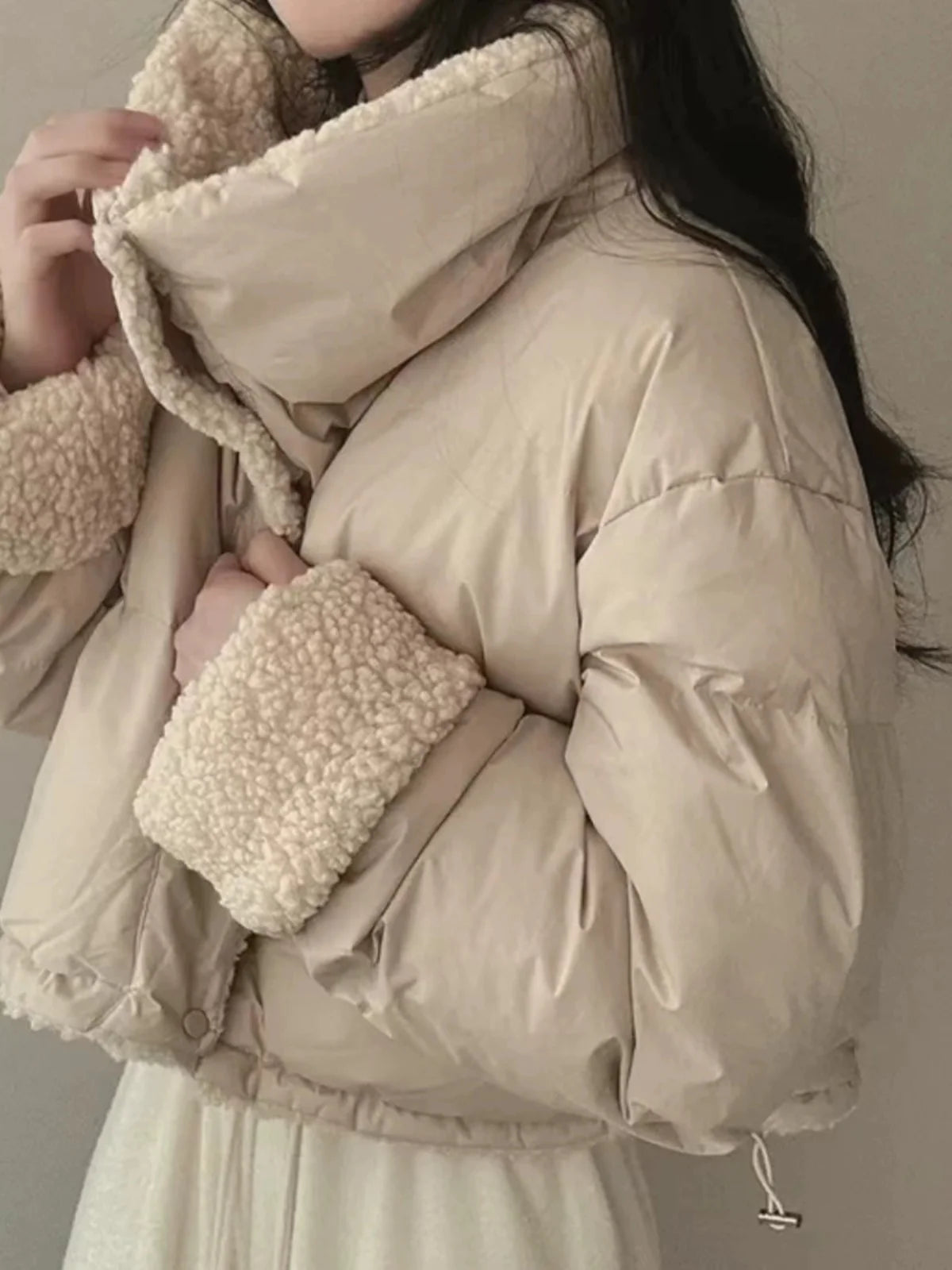 Lapel Bomber Lamb Fur Loose Cotton Coat