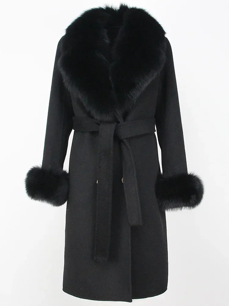 Real Fur Natural Wool Blends Cashmere Double Breasted Belt Warm Coat