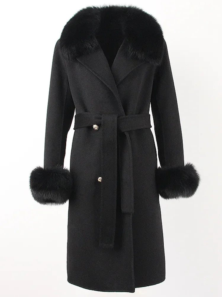 Real Fur Natural Wool Blends Cashmere Double Breasted Belt Warm Coat