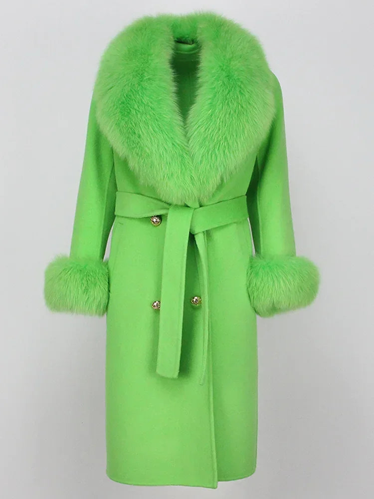 Real Fur Natural Wool Blends Cashmere Double Breasted Belt Warm Coat
