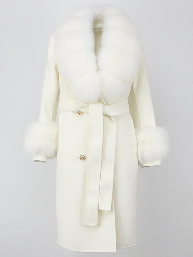 Real Fur Natural Wool Blends Cashmere Double Breasted Belt Warm Coat