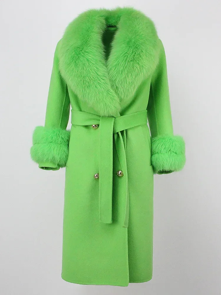 Real Fur Natural Wool Blends Cashmere Double Breasted Belt Warm Coat
