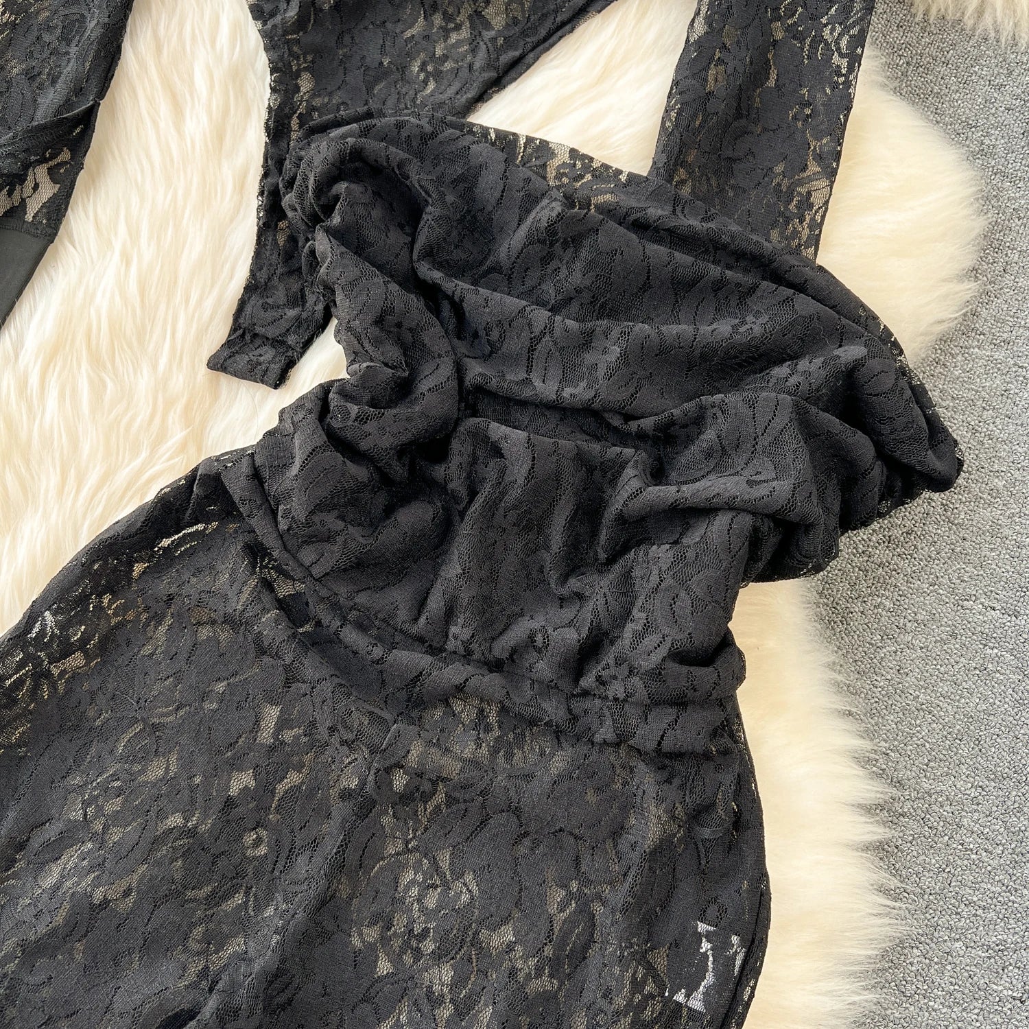 Lace Sheer Lapel Long Sleeves Slim Bodysuits+Elastic Long Pants Sets