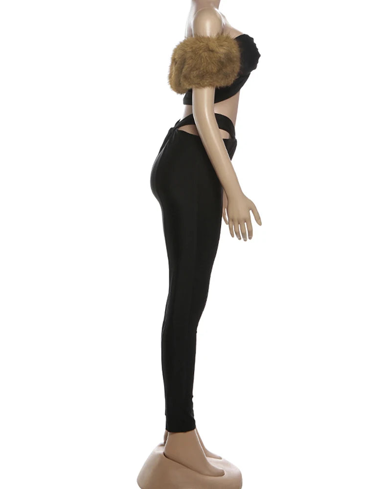 Cross Hollow  Fur Patchwork Tops+High Waist Leggings Matching  2 Piece Set Tracksuit